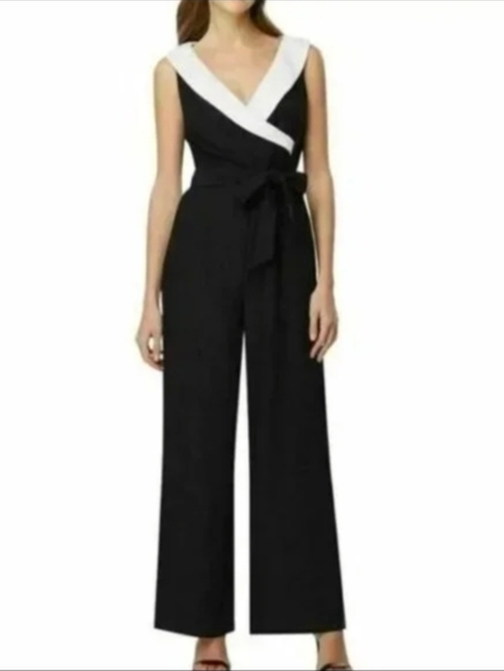 Sleeveless Tuxedo Black & White V-Neck Wrap Jumpsuit with Waist Tie